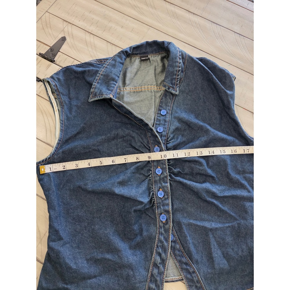 Women Dark Wash Denim Ruched Button Front Sleeveless Vest Top Indigo Blue